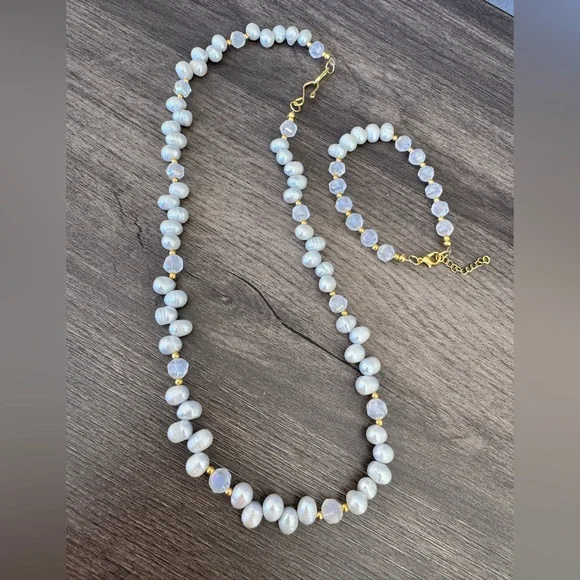 Handmade Freshwater Pearl and AB Glass Necklace and Bracelet Set - Picture 3 of 11